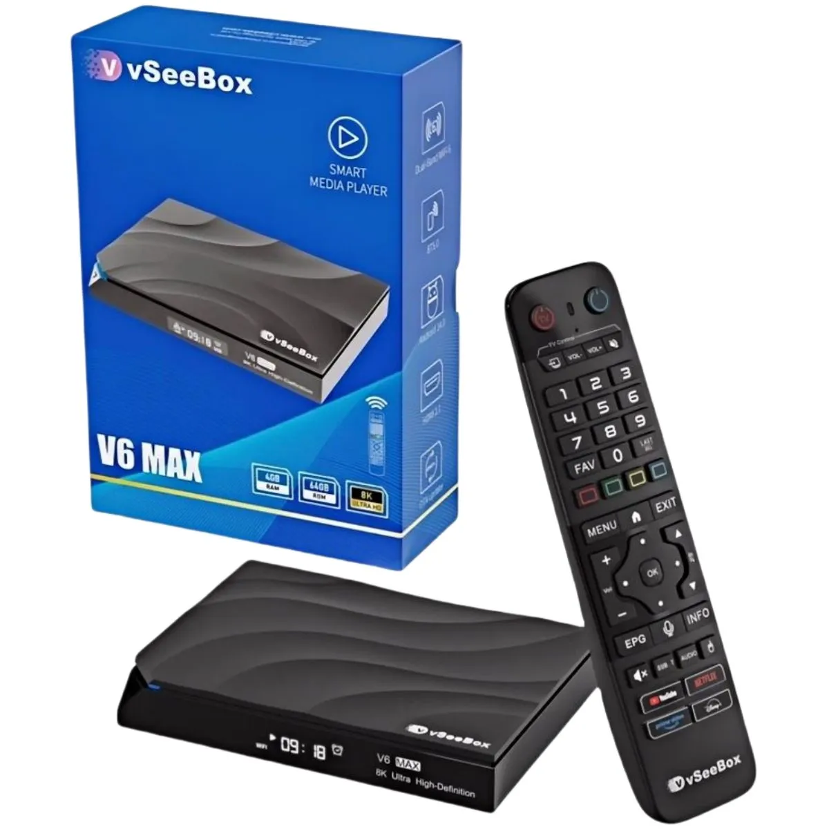 vSeeBox V6 Max Android 14 streaming media player with backlit Bluetooth voice remote and retail box (Amlogic 905Y4, 4GB RAM, 64GB storage)