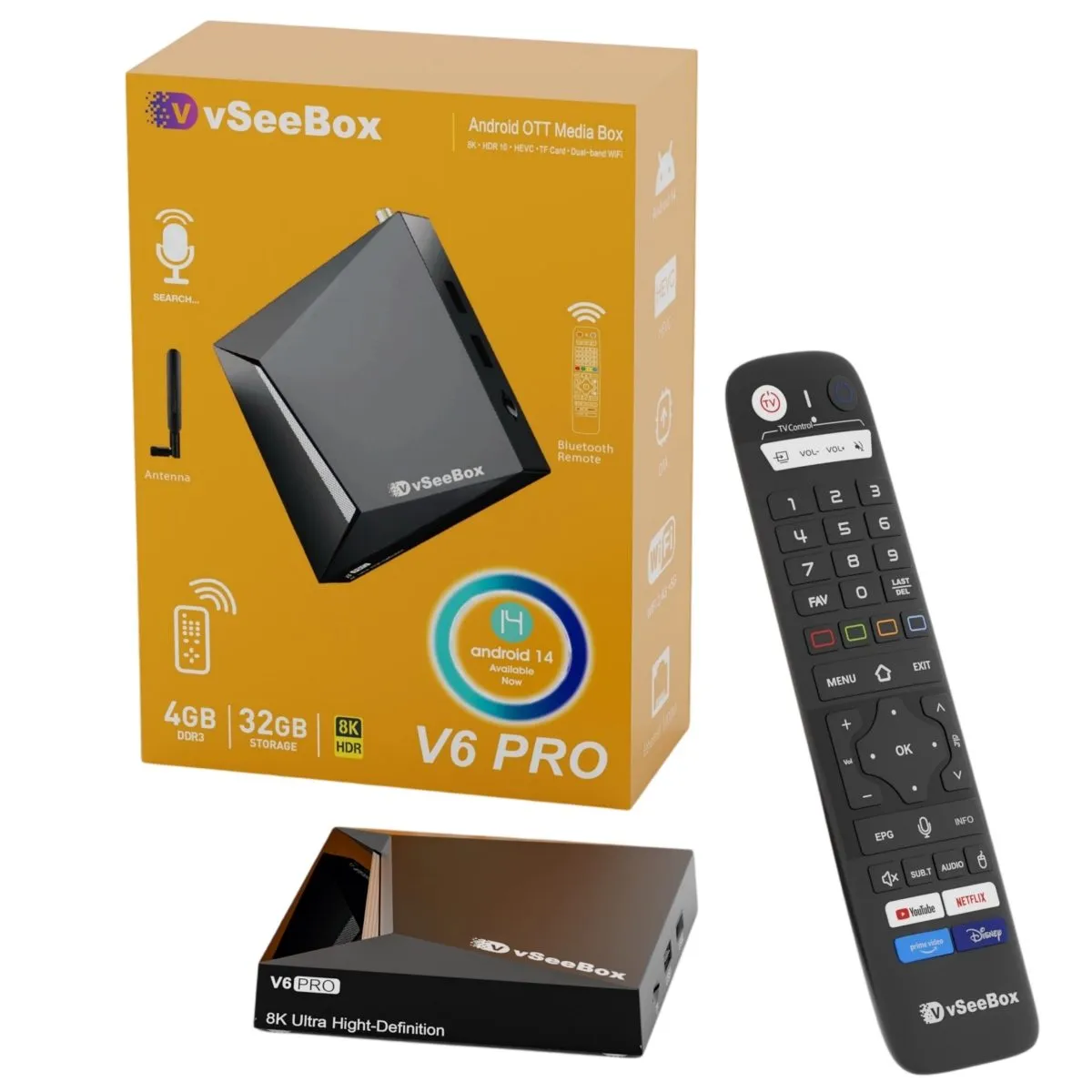 vSeeBox V6 Pro Android 14 streaming box with Bluetooth voice remote, external WiFi antenna and retail box (Allwinner H618, 4GB RAM, 32GB storage)